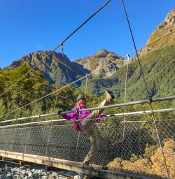 Guest on Routeburn swing bridge