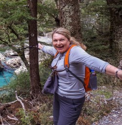 Happy guest at Routeburn track river, Otago New Zealand
