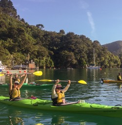 Happy guests kayaking at Marlborough Sounds, New Zealand