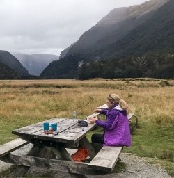 Picnic lunch at Routeburn track valley, Otago New Zealand