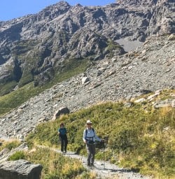 Walking along Hooker Lake, Aroaki Mt Cook National Park Canterbury New Zealand