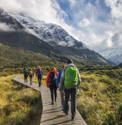 Walking the Hooker Valley Track Bridge, Canterbury New Zealand