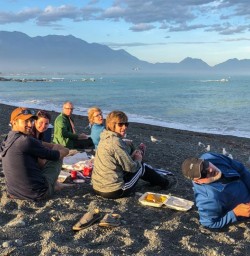Eating Fish and Chips on Kaikoura Coast, Canterbury New Zealand
