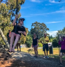 Having fun with the zipline at Waikuku Beach Holiday Park, Canterbury New Zealand