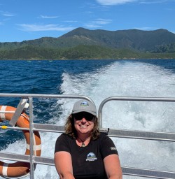 Guide on the boat at Kaikoura, Canterbury New Zealand