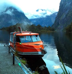 This is our transport to the start of the world-famous Milford Track. Mitre Peak in the background