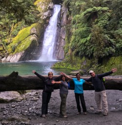 Group at Giant Gate Falls, Milford Track Fiordland New Zealand