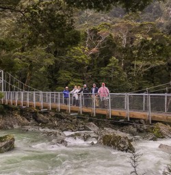 Group on the bridge at routeburn track river, Otago New Zealand
