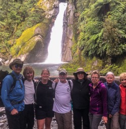 Group at Giant Gate Falls, Milford Track Fiordland New Zealand
