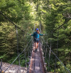 Guest on the bridge at Nelson Lakes National Park, Tasman New Zealand
