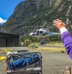 Helicopter taking off at Milford Sound, Fiordland National Park Southland New Zealand