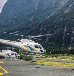 Helicopter taking off at Milford Sound, Fiordland National Park Southland New Zealand