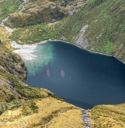 Helicopter view of Lake Pukutahi, Fiordland New Zealand