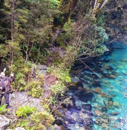 happy hikers at milford track river