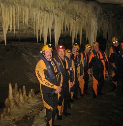Caving Group and Stalactites in the Nile River Caves