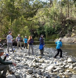 Hiking group relaxing by Pororari river