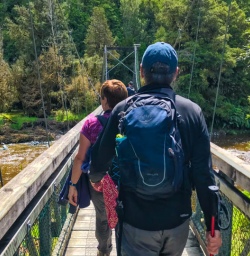 Crossing bridge to Lake Matheson