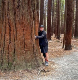 3 Solo Traveller Hugging Redwood Tree in Rotorua March2025