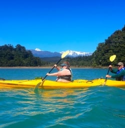 It's pretty choice getting to watch the Southern Alps pass by from your kayak!
