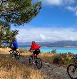 Biking along Lake Pukaki, Canterbury New Zealand