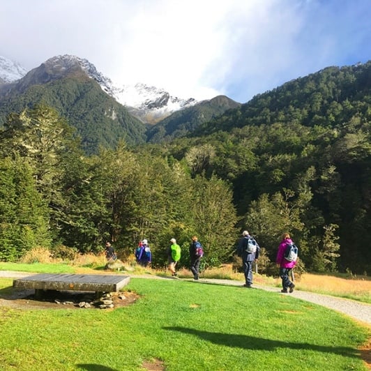 Heading off on the Routeburn Track with a fresh dusting of the white stuff on the tops. Mt Aspiring National Park.