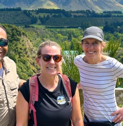 guests and guide Lisa hiking Rakaia Gorge Walkway KC16FEB26