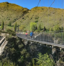 Guests biking the Arrowtown Gibbston swing bridge