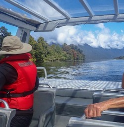 Jetboat on Lake Mckerrow, Fiordland National Park, Southland New Zealand