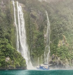 Approaching the Stirling Falls at Milford Sound, Fiordland National Park Southland New Zealand